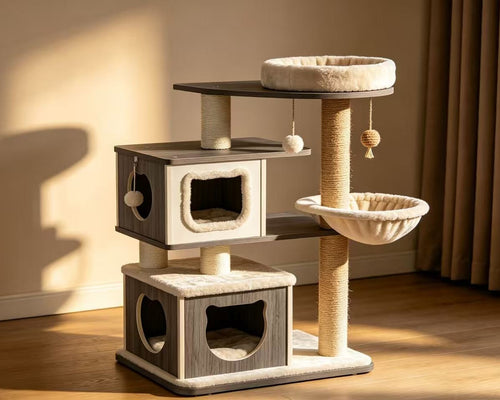 Luxury cat tree tower featuring multi-level platforms, cozy hideaways, and durable scratching surfaces.