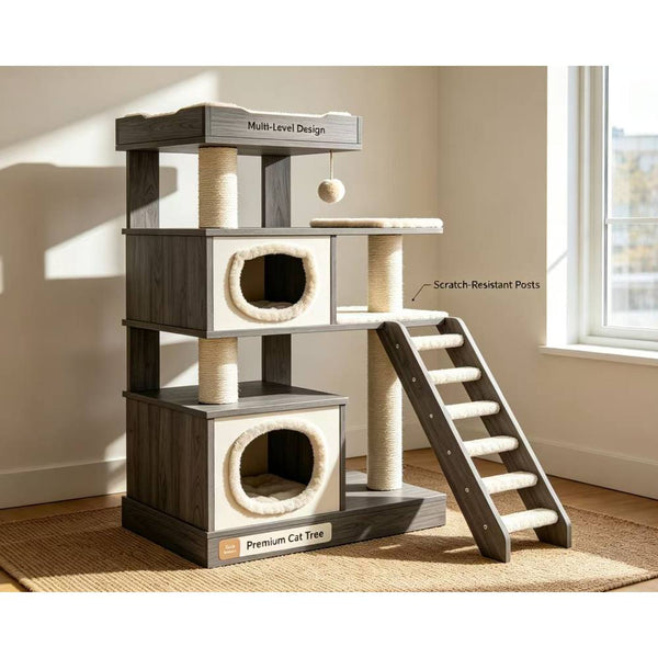 Luxury cat tree tower featuring multi-level platforms, cozy hideaways, and durable scratching surfaces.