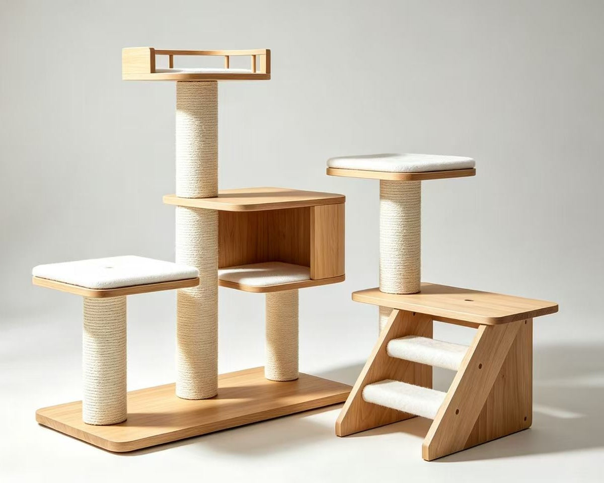 Luxury wooden cat tower featuring elevated perches, enclosed hideaways, and durable sisal scratching posts.