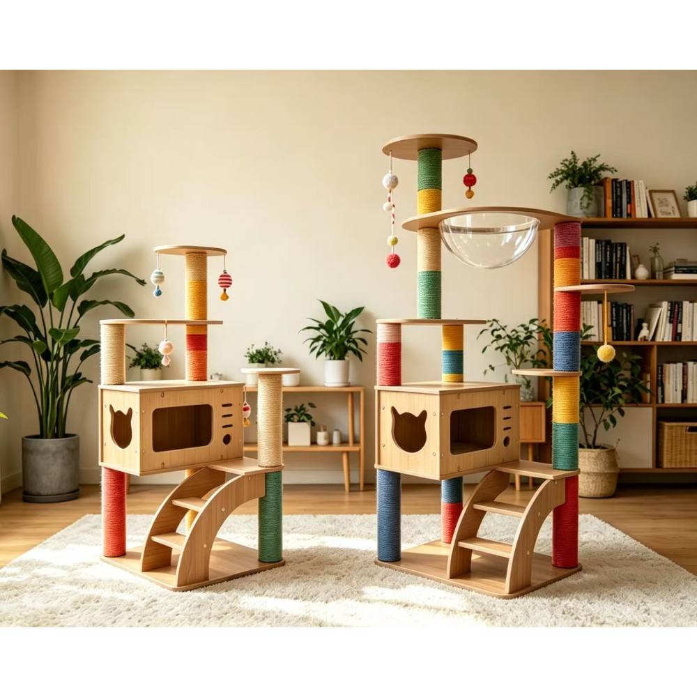 Modern multi-level cat tree tower with spacious platforms, scratching posts, and cozy resting areas for indoor cats.