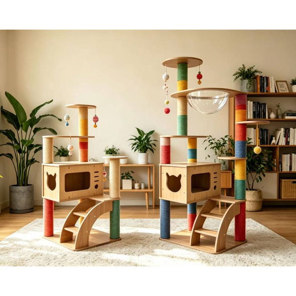 Modern multi-level cat tree tower with spacious platforms, scratching posts, and cozy resting areas for indoor cats.