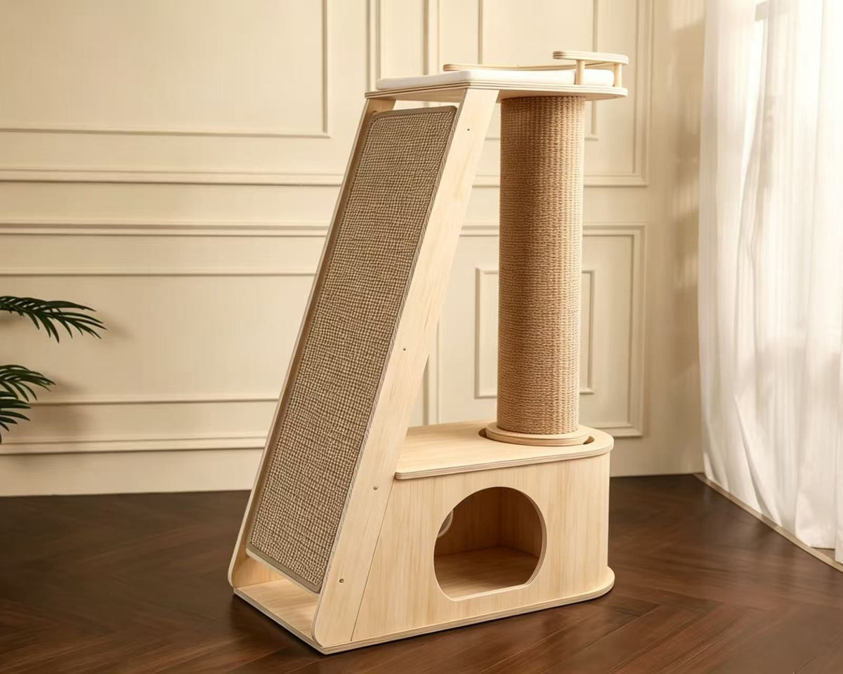 Modern wooden cat scratcher lounge with durable scratching surface and comfortable resting area for indoor cats.